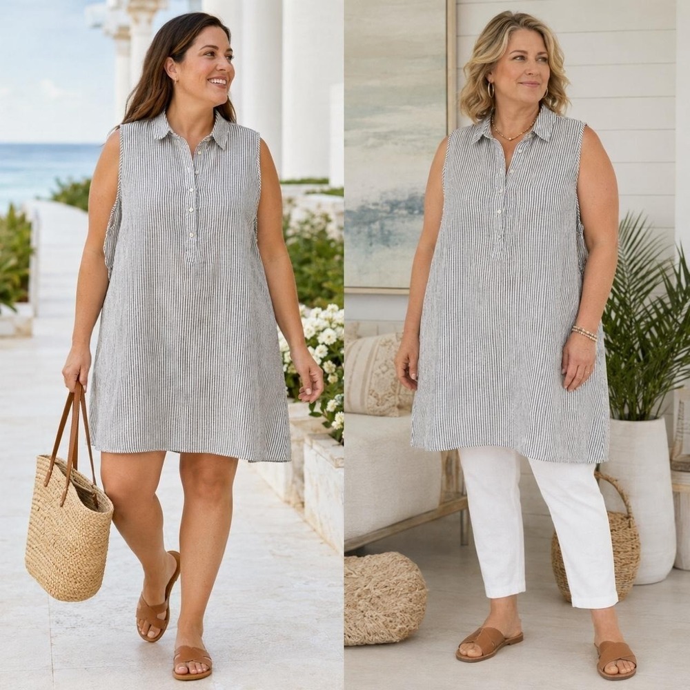 Tahari Sleeveless Stripe Tunic Dress in Light Gray and White